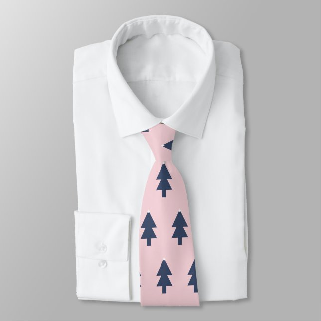 Blue Christmas Trees Repeat Pattern Pink Neck Tie (Tied)