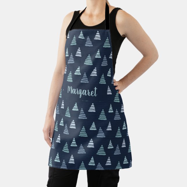 Blue Christmas trees with beads strings pattern Apron (Insitu)