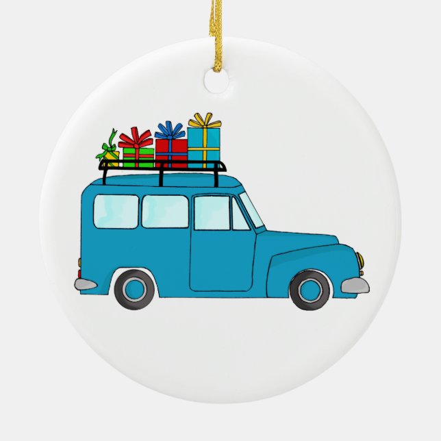 Blue Christmas truck with gifts Ceramic Ornament (Back)
