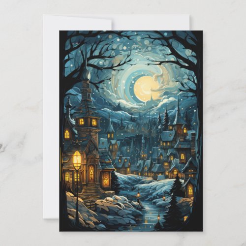 Blue Christmas Village Art Holiday Flat Card