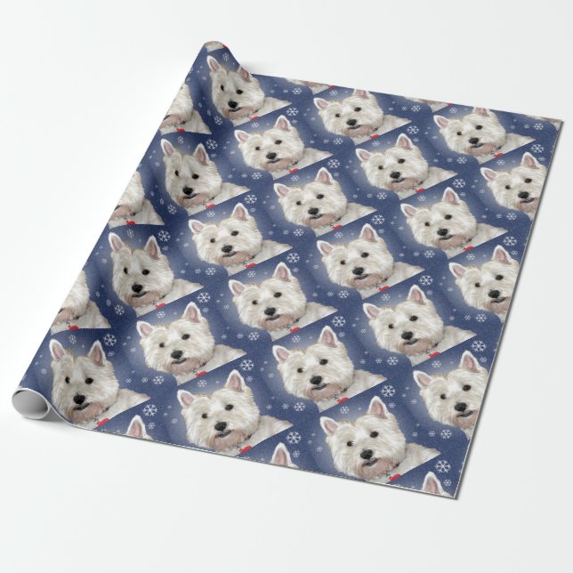 BLUE CHRISTMAS westie Wrapping Paper (Unrolled)