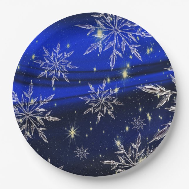 Blue christmas white snow holidays paper plates (Front)