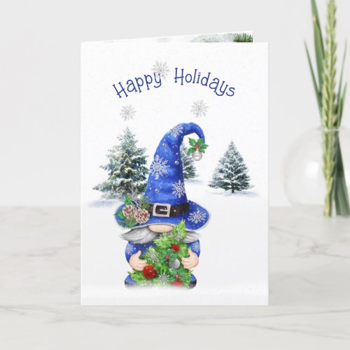 Blue Christmas Winter Gnome with Tree  Holiday Card
