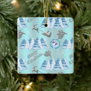 Blue Christmas Winter Scene Ceramic Ornament