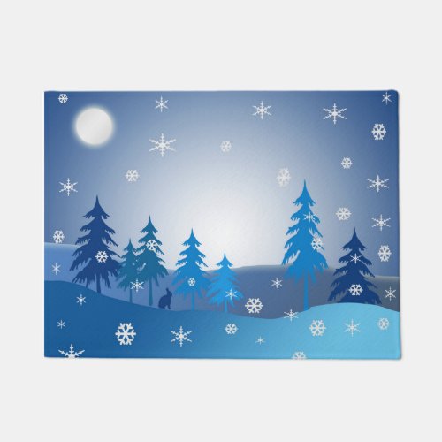 Blue christmas winter scene doormat