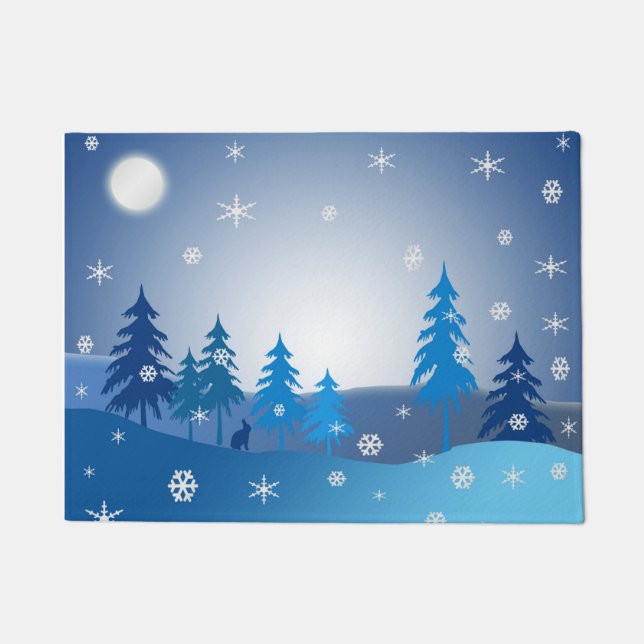 Blue christmas winter scene doormat (Front)