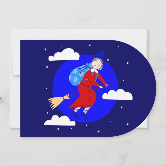 blue christmas witch befana broomrider spookmas invitation (Front)