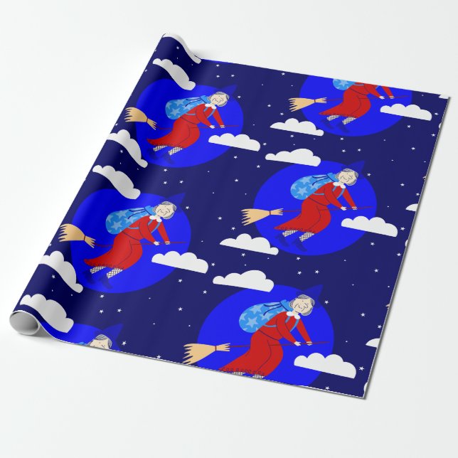 blue christmas witch befana broomrider spookmas wrapping paper (Unrolled)