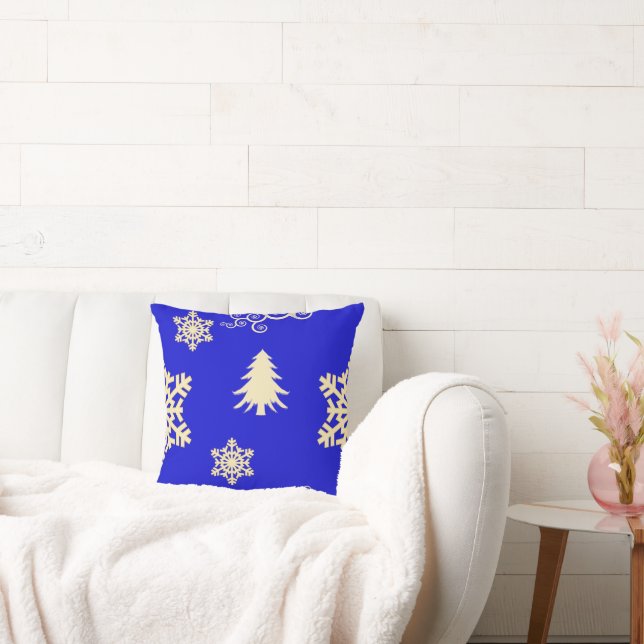 Blue Christmas with Cream Snowflakes Throw Pillow (Couch)