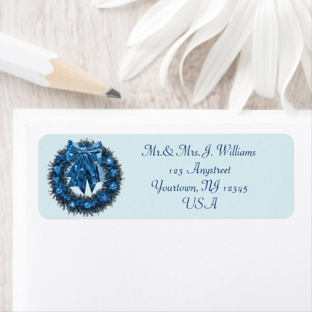 Blue Christmas Wreath Return Address Label (Insitu)