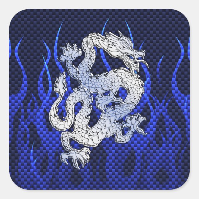 Blue Chrome like Dragon Carbon Fiber Style Square Sticker (Front)