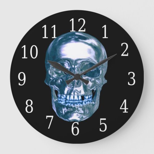 Blue Chrome Skull Round Clock