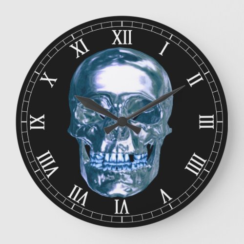 Blue Chrome Skull Round Roman Numerals Clock