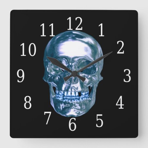 Blue Chrome Skull Square Clock