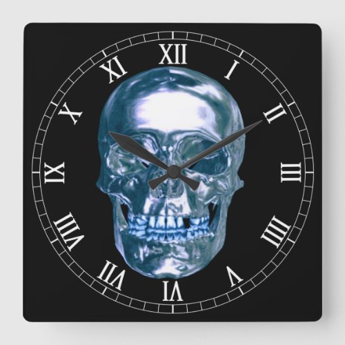 Blue Chrome Skull Square Roman Numerals Clock