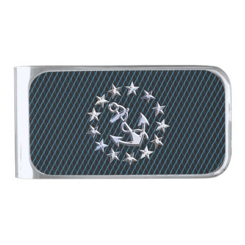 Blue Chrome Style Yacht Flag on Grille Print Silver Finish Money Clip