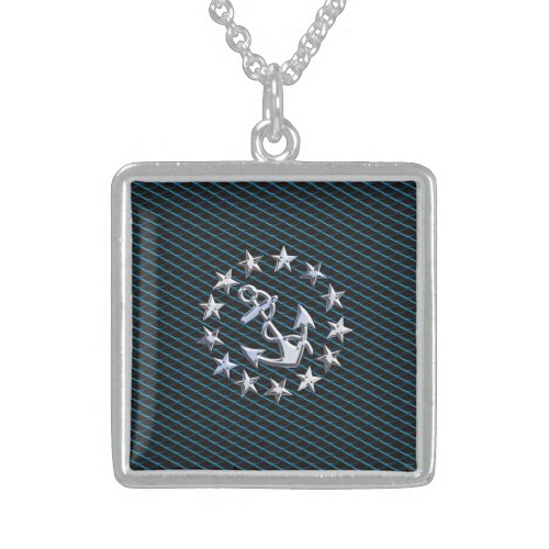 Blue Chrome Style Yacht Flag on Grille Print Sterling Silver Necklace