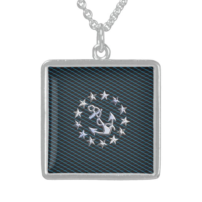 Blue Chrome Style Yacht Flag on Grille Print Sterling Silver Necklace (Front)