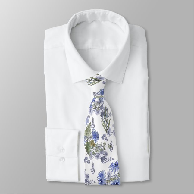 Blue chrysanthemums , watercolor neck tie (Tied)