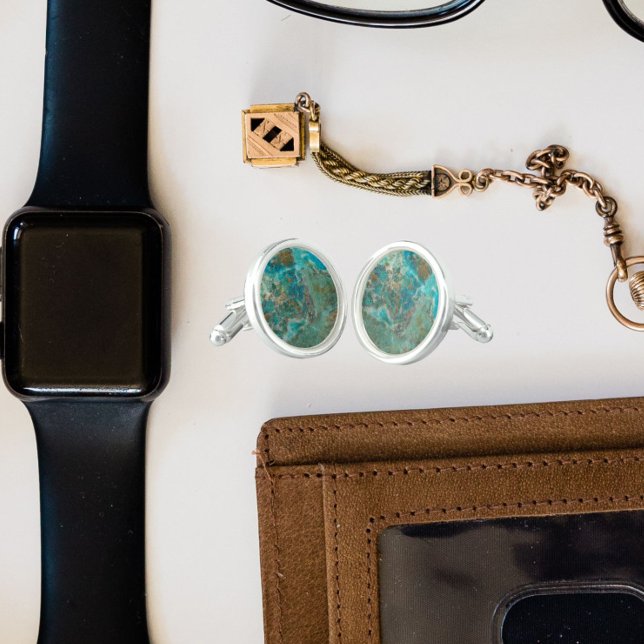 Blue Chrysocolla Mineral Stone Cufflinks (In Situ)