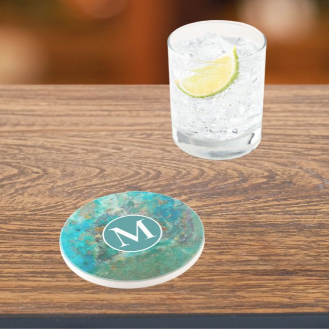 Blue Chrysocolla Mineral Stone w/Monogram Coaster (In Situ)