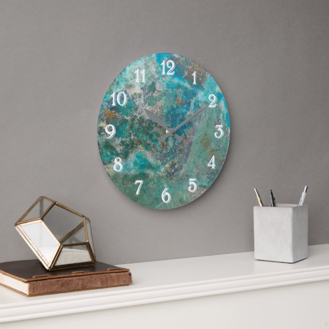 Blue Chrysocolla Mineral Stone with White Numerals Large Clock (Office)