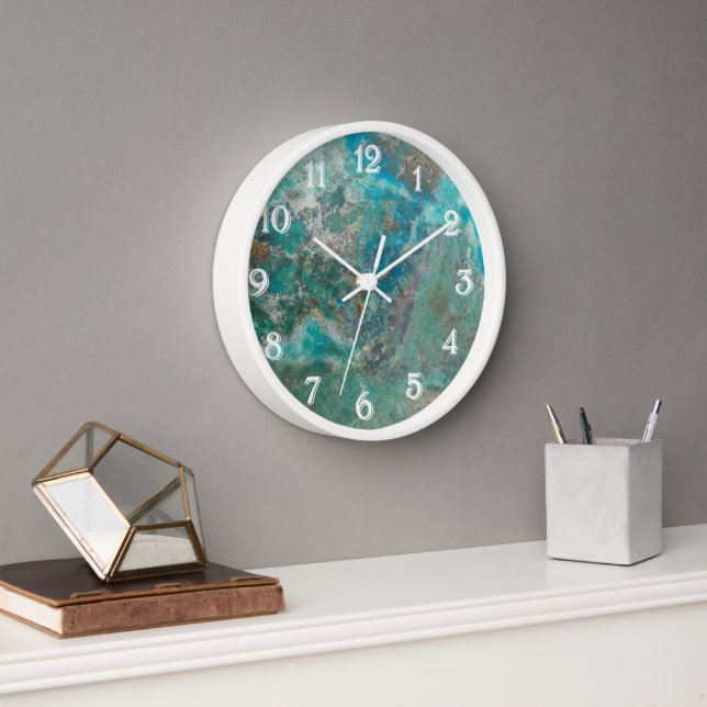 Blue Chrysocolla Mineral Stone with White Numerals Wall Clock (Office)