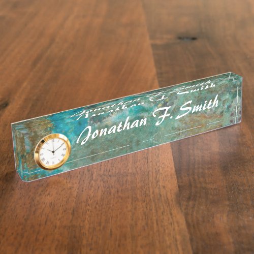 Blue Chrysocolla Stone Desk Name Plate with Clock