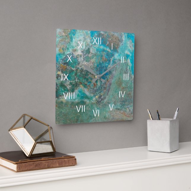 Blue Chrysocolla Stone with White Roman Numerals Square Wall Clock (Office)