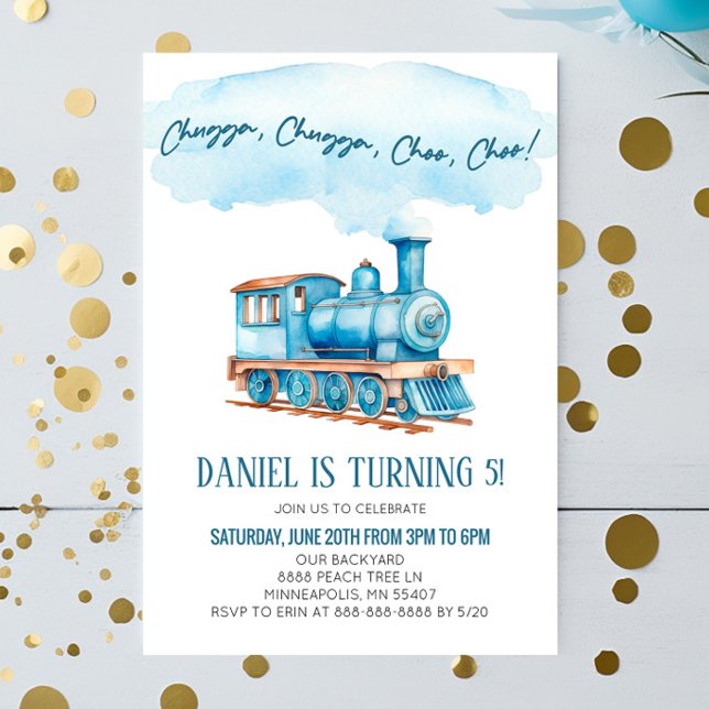 Blue Chugga Choo Choo Train Birthday Party Invitation (Creator Uploaded)