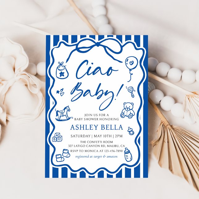 Blue Ciao Baby Whimsical Italian Baby Shower Invitation (Creator Uploaded)