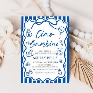 Blue Ciao Bambino Whimsical Italian Baby Shower Invitation