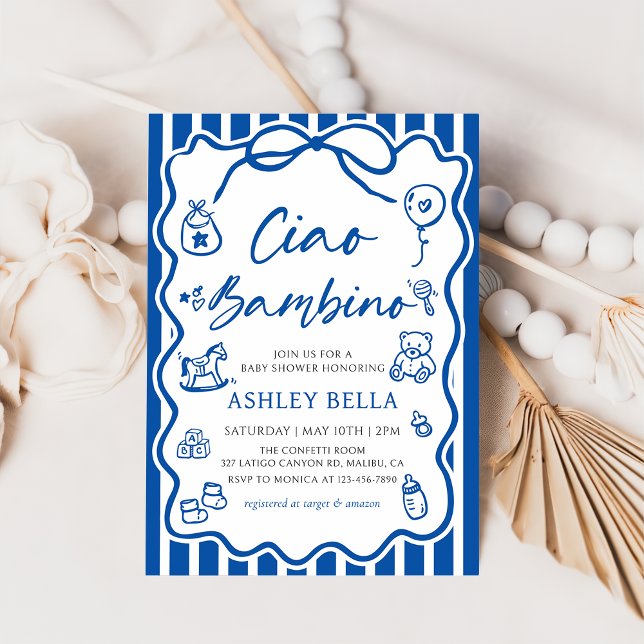 Blue Ciao Bambino Whimsical Italian Baby Shower Invitation (Creator Uploaded)