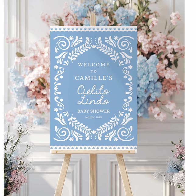 Blue Cielito Lindo Baby Shower Welcome Sign (Papel Picado Cielito Lindo boy Baby Shower Welcome Sign)