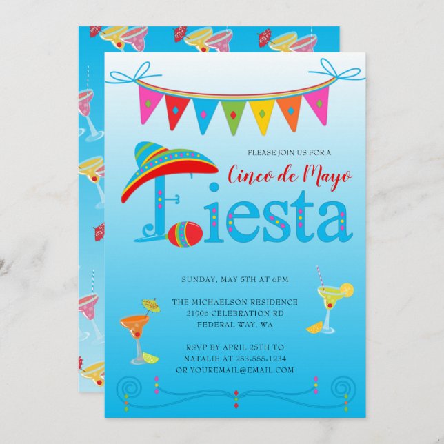 Blue Cinco De Mayo Fiesta Party Invitation (Front/Back)