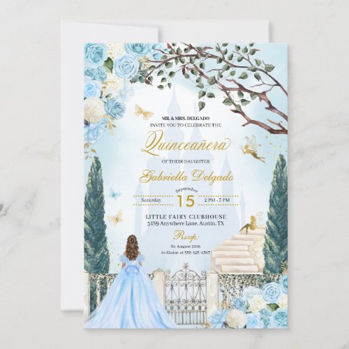 Blue Cinderella Enchanted Garden Quinceanera Invitation