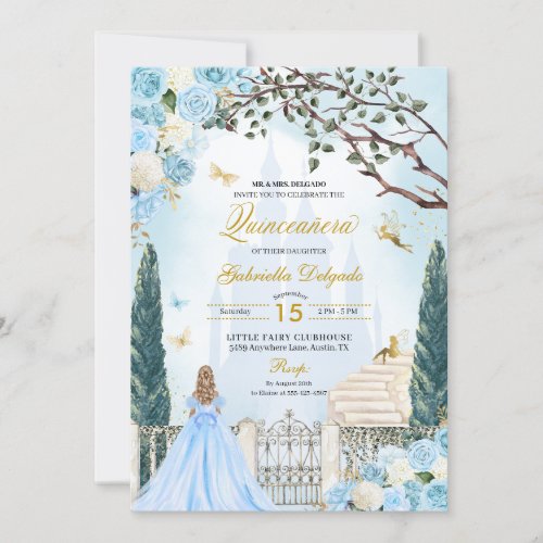 Blue Cinderella Enchanted Garden Quinceanera Invitation