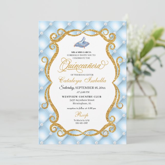 Blue Cinderella Glass Shoe Princess Quinceanera Invitation (Standing Front)
