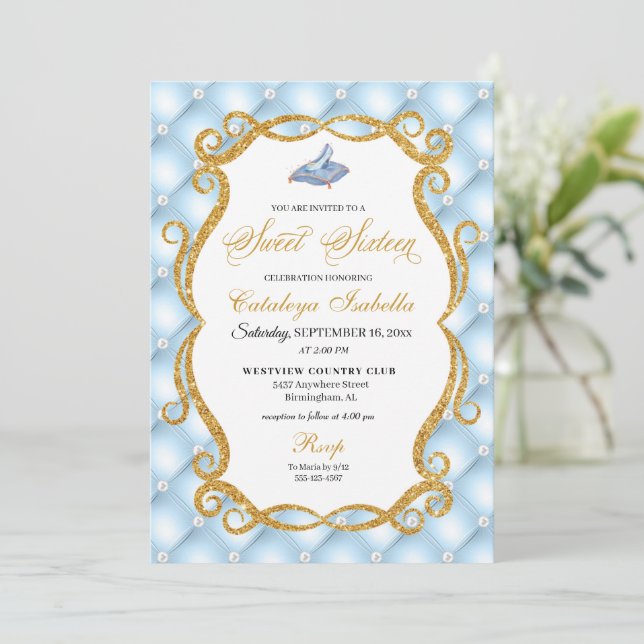 Blue Cinderella Glass Shoe Princess Sweet Sixteen Invitation (Standing Front)