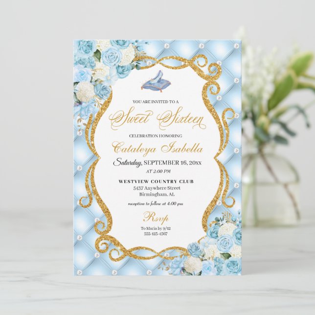 Blue Cinderella Glass Shoe Princess Sweet Sixteen Invitation (Standing Front)