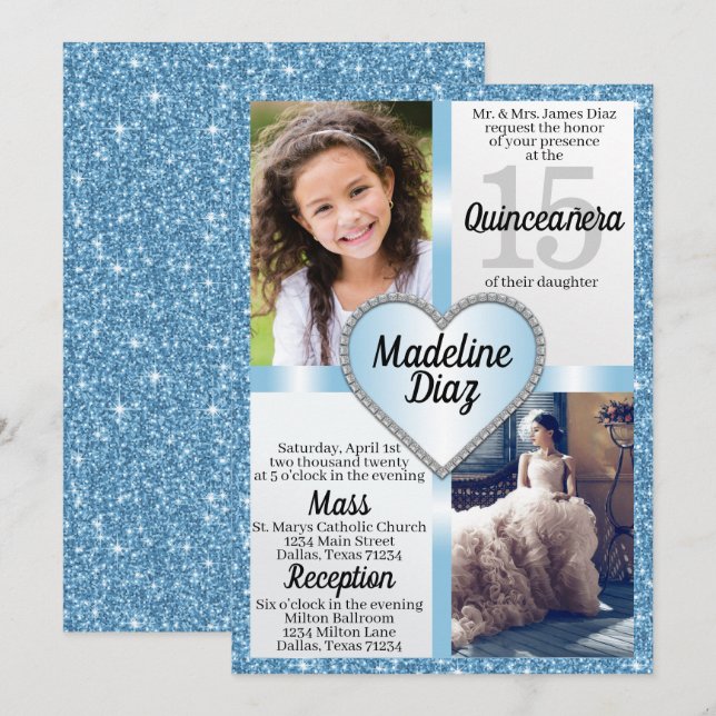 Blue Cinderella Quinceañera Invitation Cumpleaños (Front/Back)