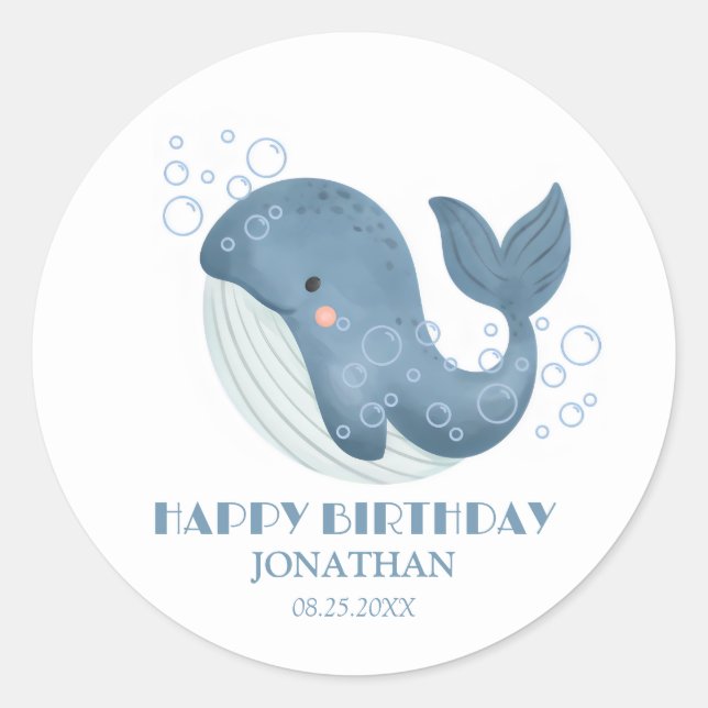 Blue Circle Bubble Cute Whale Happy Birthday Classic Round Sticker (Front)