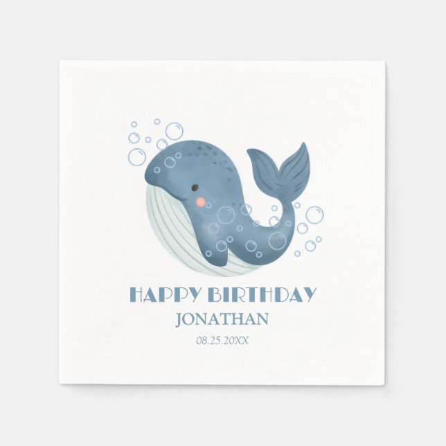 Blue Circle Bubble Cute Whale Kids Birthday Napkins (Front)