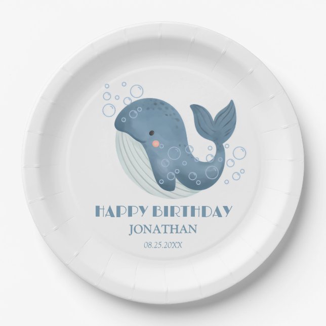 Blue Circle Bubble Cute Whale Kids Birthday Paper Plates (Front)