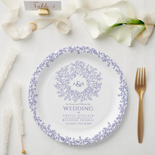 blue circle leaf art monogram wedding paper plates