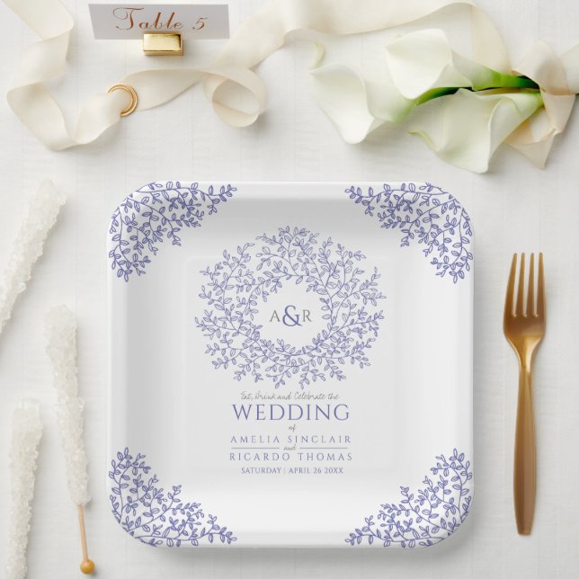 blue circle leaf art monogram wedding paper plates (Wedding)