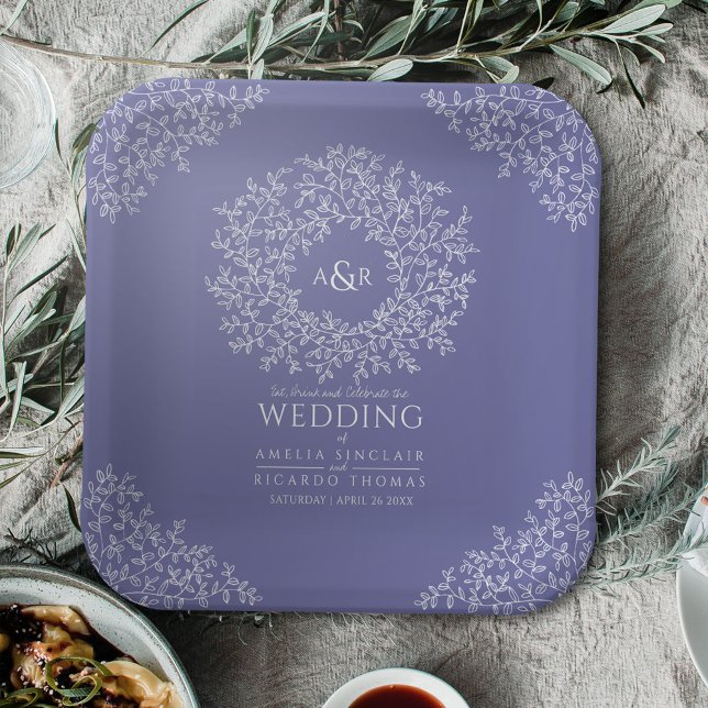 blue circle leaf art monogram wedding paper plates (Creator Uploaded)
