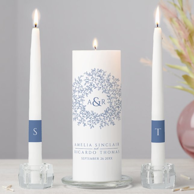 Blue circle of leaves monogram art wedding unity candle set (In Situ)