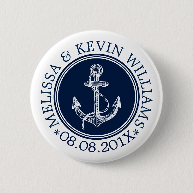 Blue Circle White Nautical Boat Anchor Button (Front)