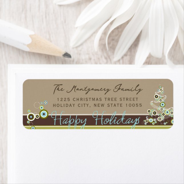 Blue Circles Modern Christmas Tree Holiday Address Label (Insitu)